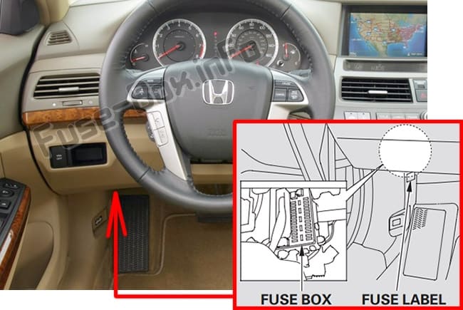 The location of the fuses in the passenger compartment: Honda Accord (2008-2012)