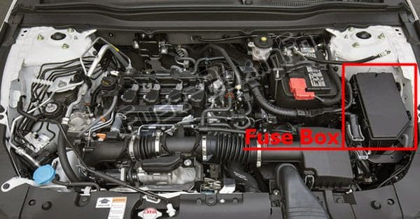 The location of the fuses in the engine compartment: Honda Accord (2018, 2019-)