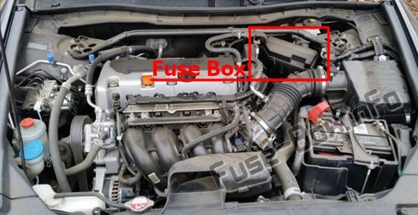 The location of the fuses in the engine compartment: Honda Crosstour (2012, 2013, 2014, 2015)