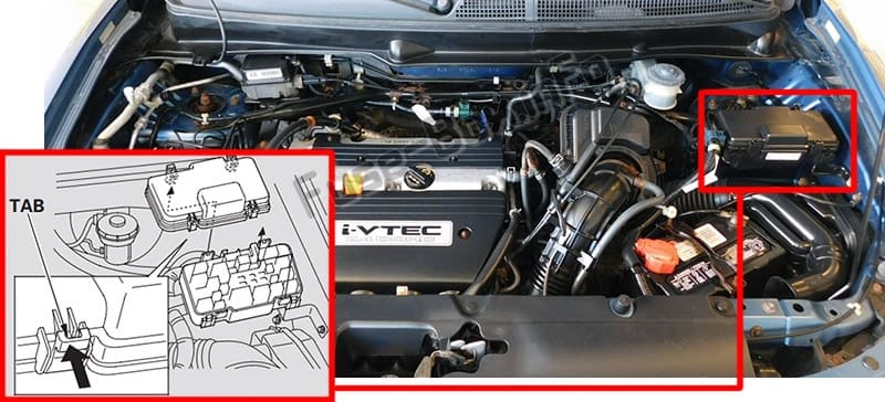 The location of the fuses in the engine compartment: Honda Element (2003-2011)
