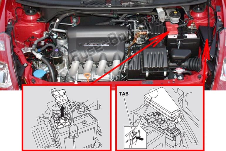 The location of the fuses in the engine compartment: Honda Fit (GD; 2007-2008)
