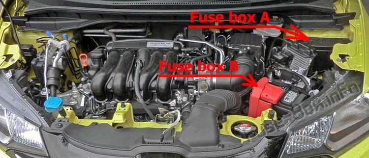 The location of the fuses in the engine compartment: Honda Fit (GK; 2015-2019..)