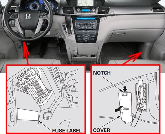 The location of the fuses in the passenger compartment: Honda Odyssey (RL5; 2011-2017)