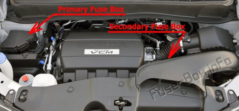 The location of the fuses in the engine compartment: Honda Pilot (2009-2015)