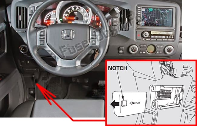 The location of the fuses in the passenger compartment: Honda Ridgeline (2006-2014)