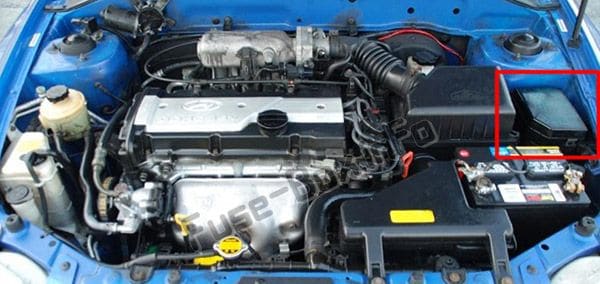 The location of the fuses in the engine compartment: Hyundai Accent (2000-2006)