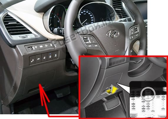 The location of the fuses in the passenger compartment: Hyundai Santa Fe Sport (DM/NC; 2015-2018)