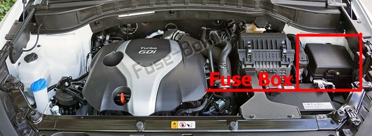 The location of the fuses in the engine compartment: Hyundai Santa Fe Sport (DM/NC; 2015-2018)