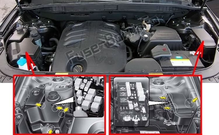 The location of the fuses in the engine compartment: Hyundai Veracruz / ix55 (2007-2012)