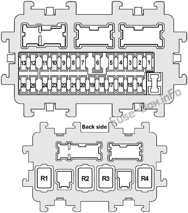 Instrument panel fuse box diagram: Infiniti FX35, FX50, QX70 (2008, 2009, 2010, 2011, 2012, 2013, 2014, 2015, 2016, 2017)