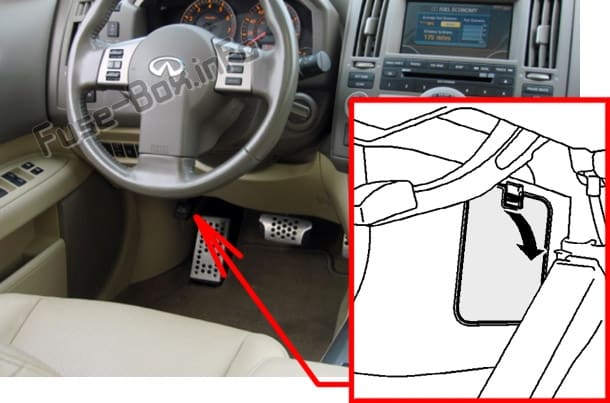 The location of the fuses in the passenger compartment: Infiniti FX35/FX45 (2003-2008)