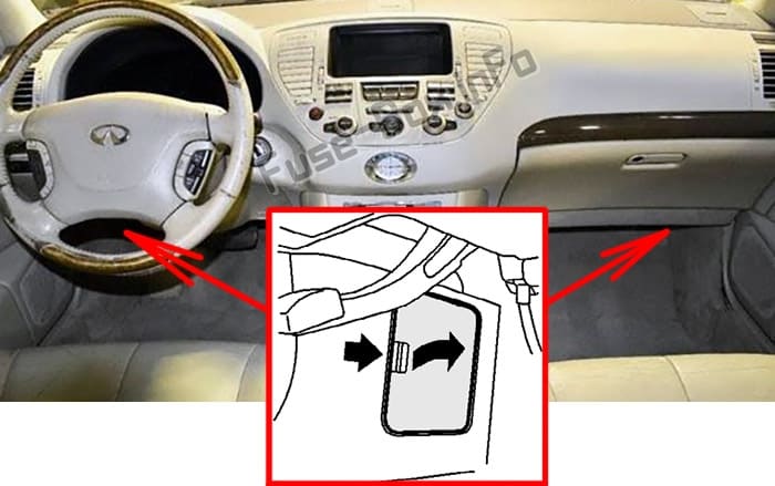 The location of the fuses in the passenger compartment: Infiniti Q45 (2001-2006)