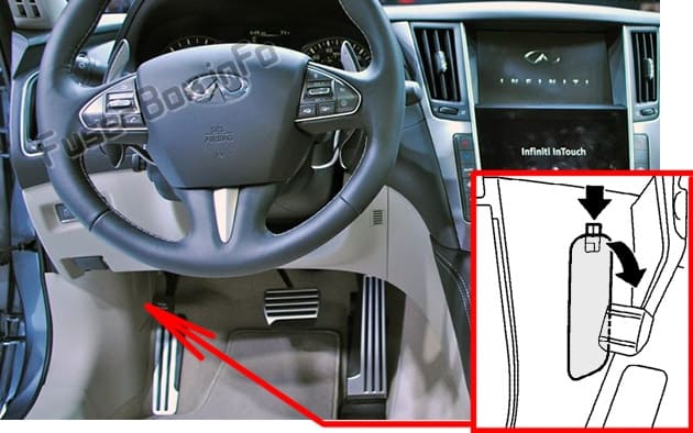 The location of the fuses in the passenger compartment: Infiniti Q50 (2013-2015)
