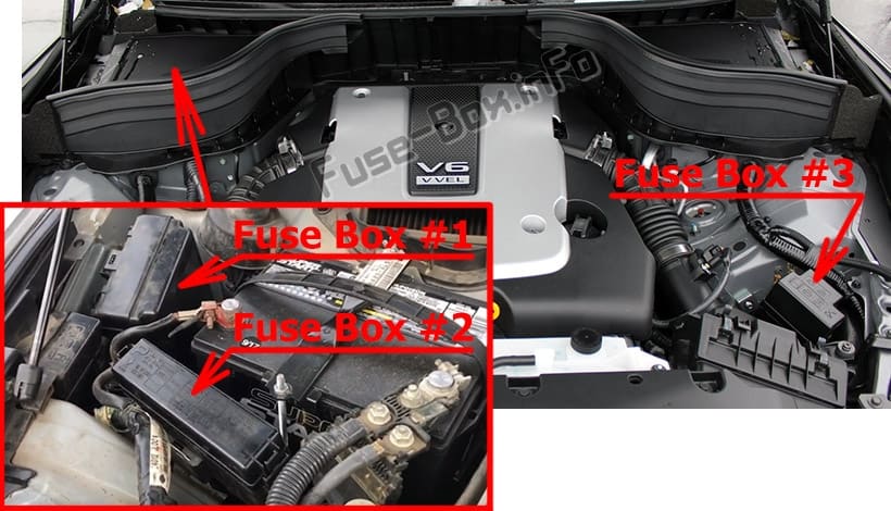 The location of the fuses in the engine compartment: Infiniti QX50 (2013-2017)