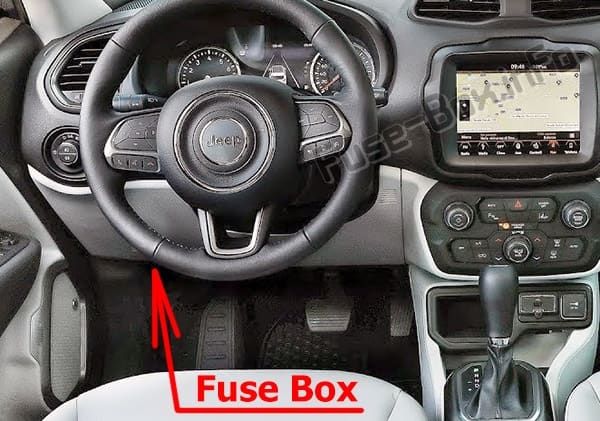 The location of the fuses in the passenger compartment: Jeep Renegade (BU; 2014-2019)