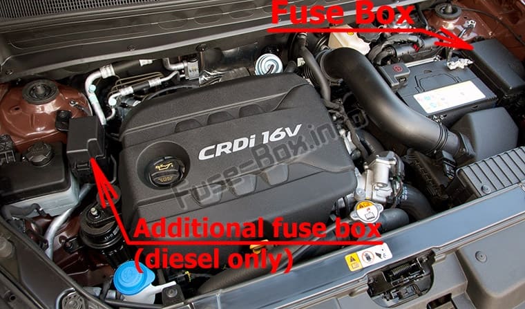 The location of the fuses in the engine compartment: KIA Soul (AM; 2009-2013)