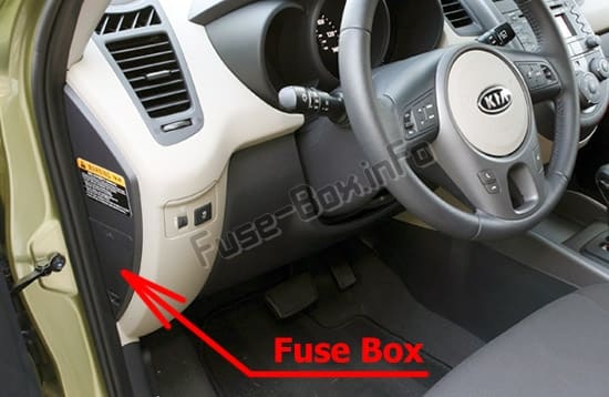 The location of the fuses in the passenger compartment: KIA Soul (AM; 2009-2013)