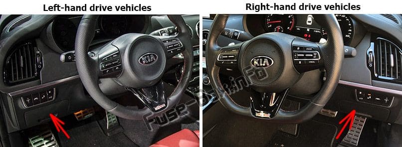 The location of the fuses in the passenger compartment: KIA Stinger (2018, 2019-...)