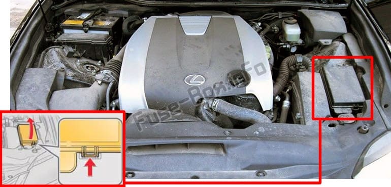 The location of the fuses in the engine compartment: Lexus GS250 / GS350 (L10; 2012-2017)