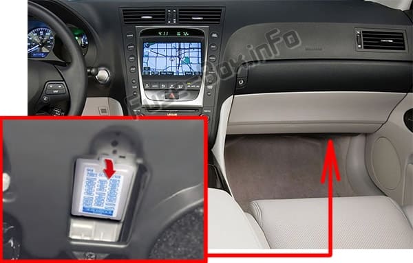 The location of the fuses in the passenger compartment: Lexus GS450h (S190; 2006-2011)