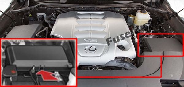The location of the fuses in the engine compartment: Lexus LX 570 (2008-2015)