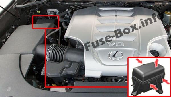 The location of the fuses in the engine compartment: Lexus LX 570 (2008-2015)
