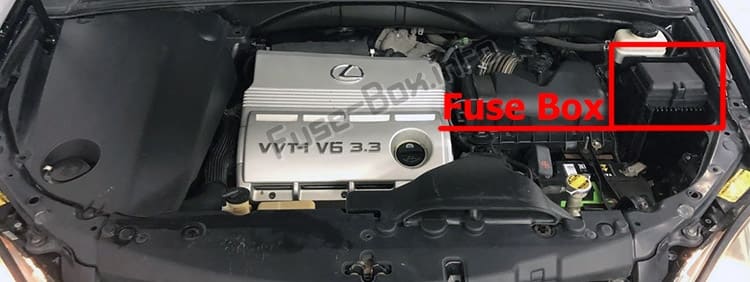 The location of the fuses in the engine compartment: Lexus RX330 / RX350 (XU30; 2003-2009)