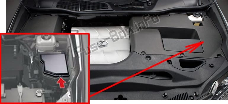 The location of the fuses in the engine compartment: Lexus RX350 (AL10; 2010-2015)