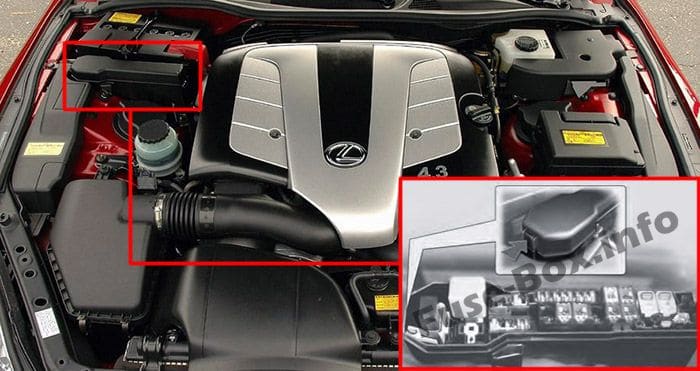 The location of the fuses in the engine compartment: Lexus SC 430 (2001-2010)