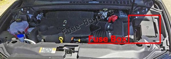 The location of the fuses in the engine compartment: Lincoln Continental (2017, 2018, 2019-...)