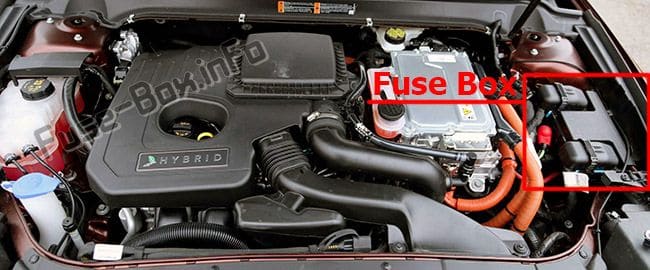 The location of the fuses in the engine compartment: Lincoln MKZ Hybrid (2013-2016)