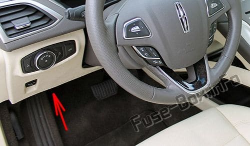 The location of the fuses in the passenger compartment: Lincoln MKZ Hybrid (2017, 2018, 2019)