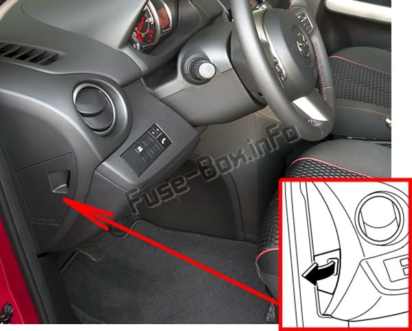 The location of the fuses in the passenger compartment: Mazda 2 (DE; 2007-2014)