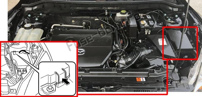 The location of the fuses in the engine compartment: Mazda 3 (BL; 2010-2013)