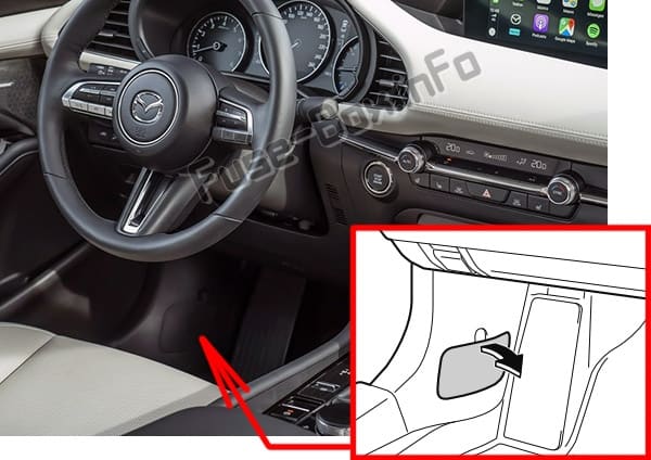 The location of the fuses in the passenger compartment: Mazda 3 (2019-..)