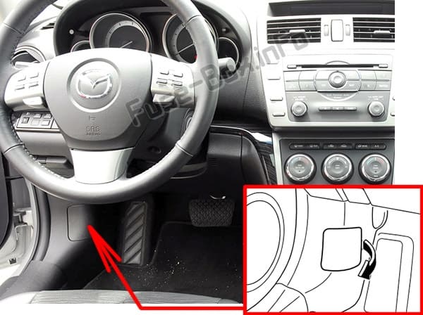 The location of the fuses in the passenger compartment: Mazda 6 (GH1; 2009-2012)
