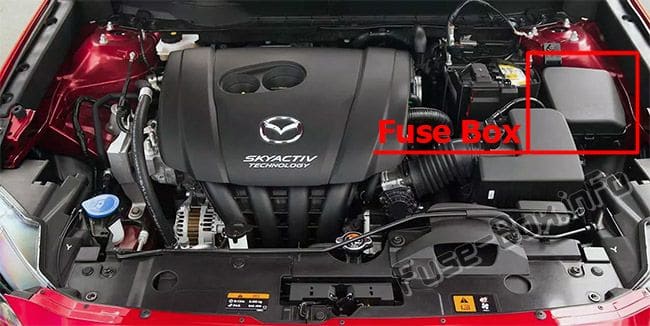 The location of the fuses in the engine compartment: Mazda CX-3 (2015-2019-...)