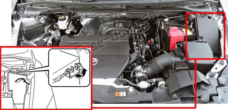 The location of the fuses in the engine compartment: Mazda CX-7 (2006-2012)