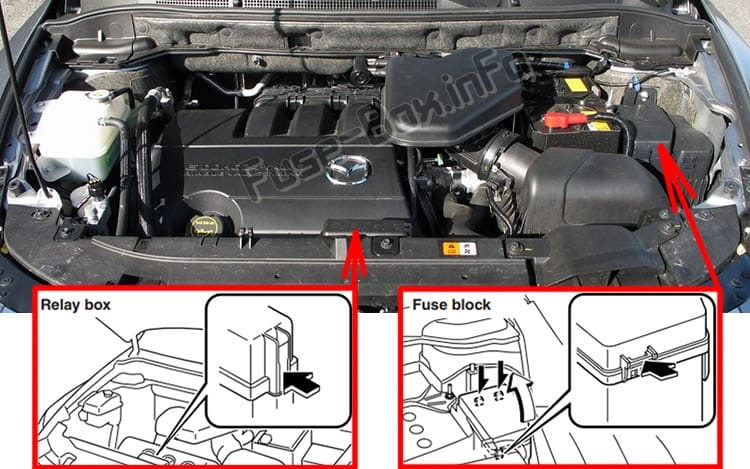 The location of the fuses in the engine compartment: Mazda CX-9 (2006-2015)
