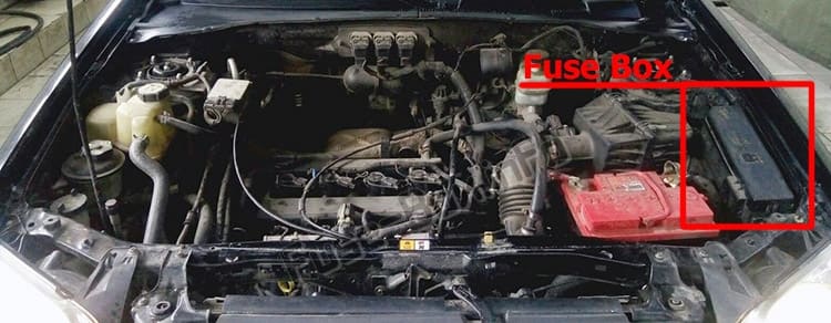 The location of the fuses in the engine compartment: Mazda Tribute (2001-2007)