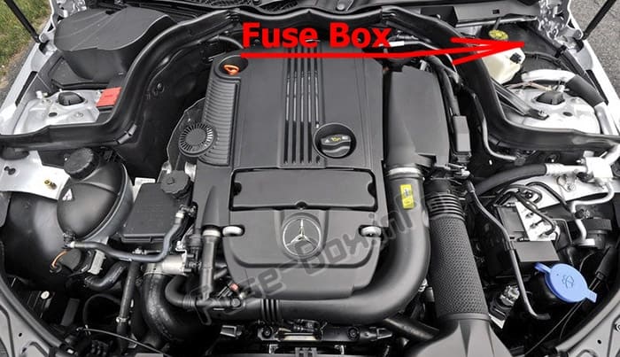The location of the fuses in the engine compartment: Mercedes-Benz C-Class (W204; 2008-2014)