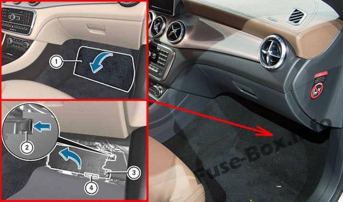 The location of the fuses in the passenger compartment: Mercedes-Benz CLA-Class (2014-2019)