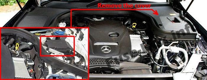 The location of the fuses in the engine compartment: Mercedes-Benz GLC-Class (X253/C253; 2015-2019..)