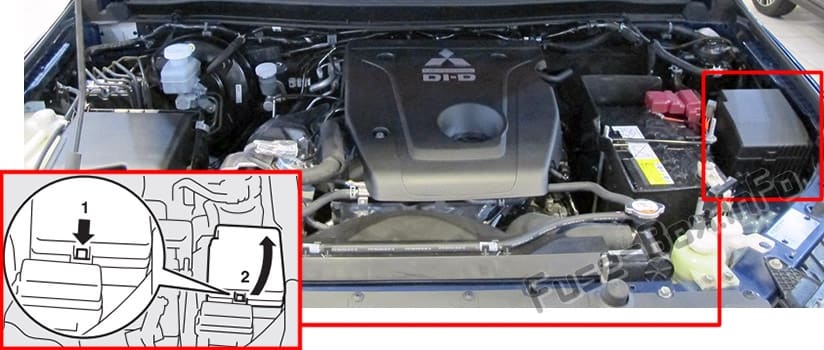 The location of the fuses in the engine compartment: Mitsubishi L200 (2017-2018..)