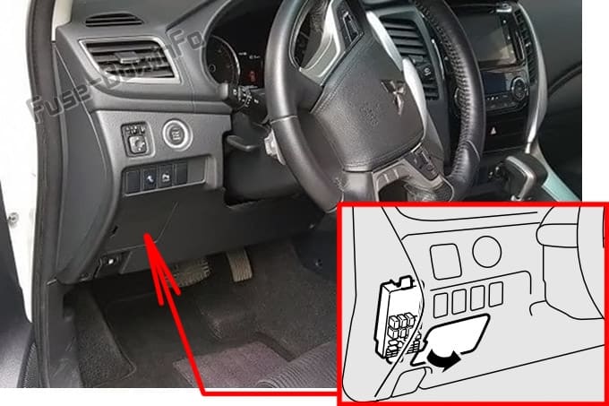 The location of the fuses in the passenger compartment (LHD): Mitsubishi Pajero Sport (2015-2019)