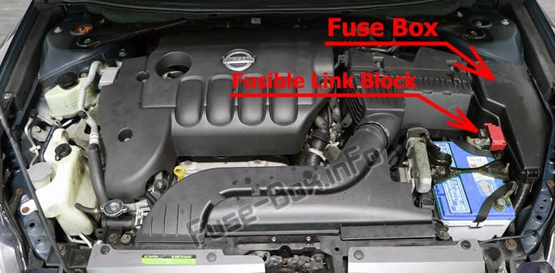The location of the fuses in the engine compartment: Nissan Altima (2007-2013)