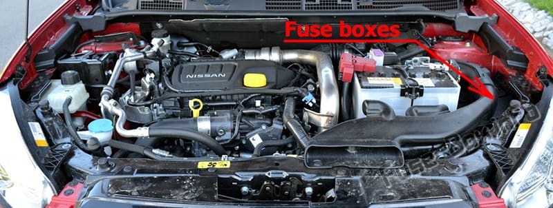 The location of the fuses in the engine compartment: Nissan X-Trail (T32; 2013-2018)