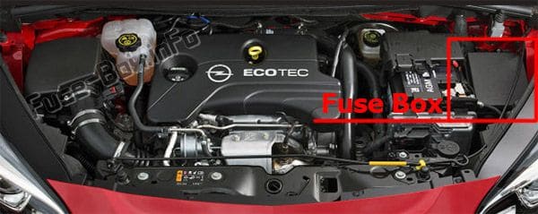 The location of the fuses in the engine compartment: Opel/Vauxhall Corsa E (2015-2019-...)