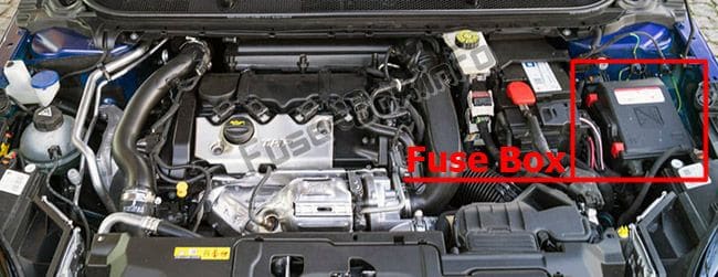 The location of the fuses in the engine compartment: Peugeot 308 (2014-2018-..)