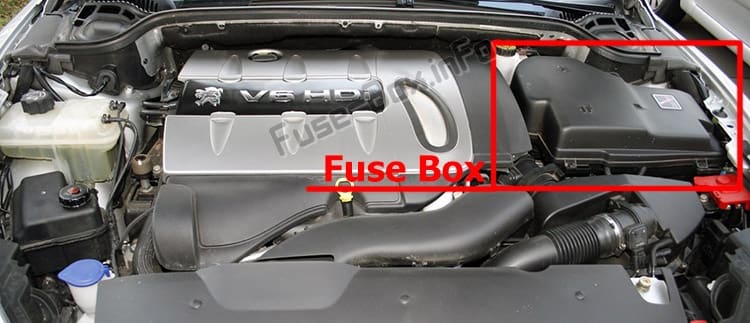 The location of the fuses in the engine compartment: Peugeot 407 (2004-2010)